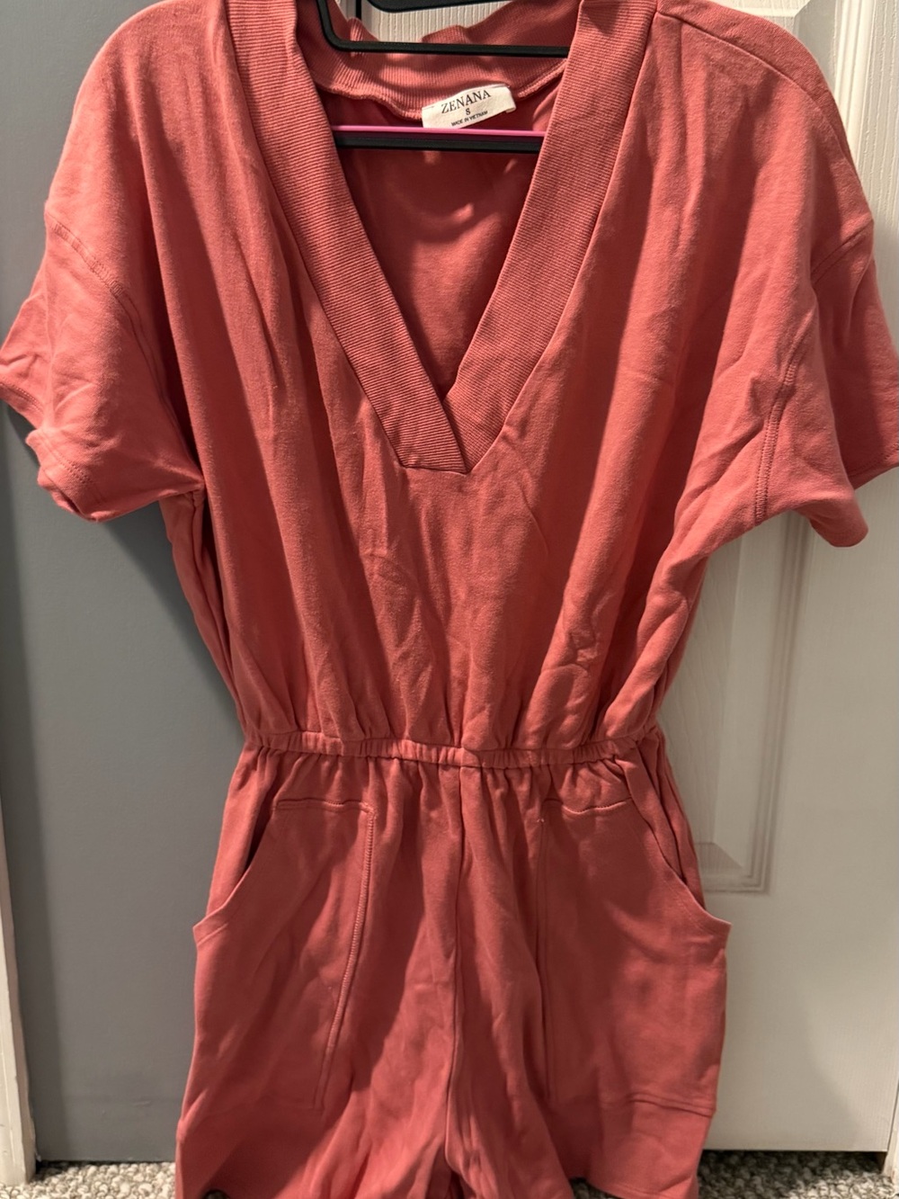 Zenana Washable V-Neck Romper in Dusty Rose- Small with pockets
